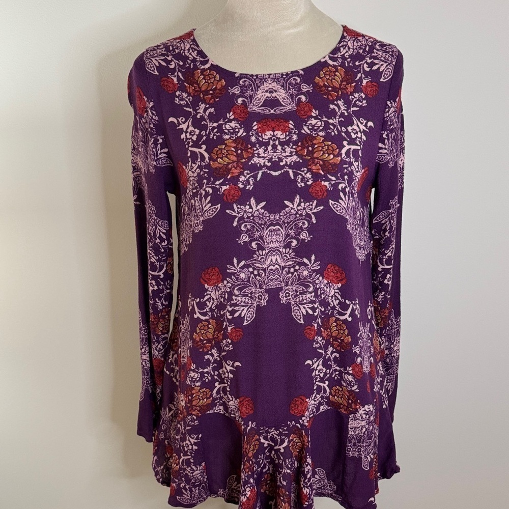 Free People Long Sleeve Dress in Purple with Red Floral Design